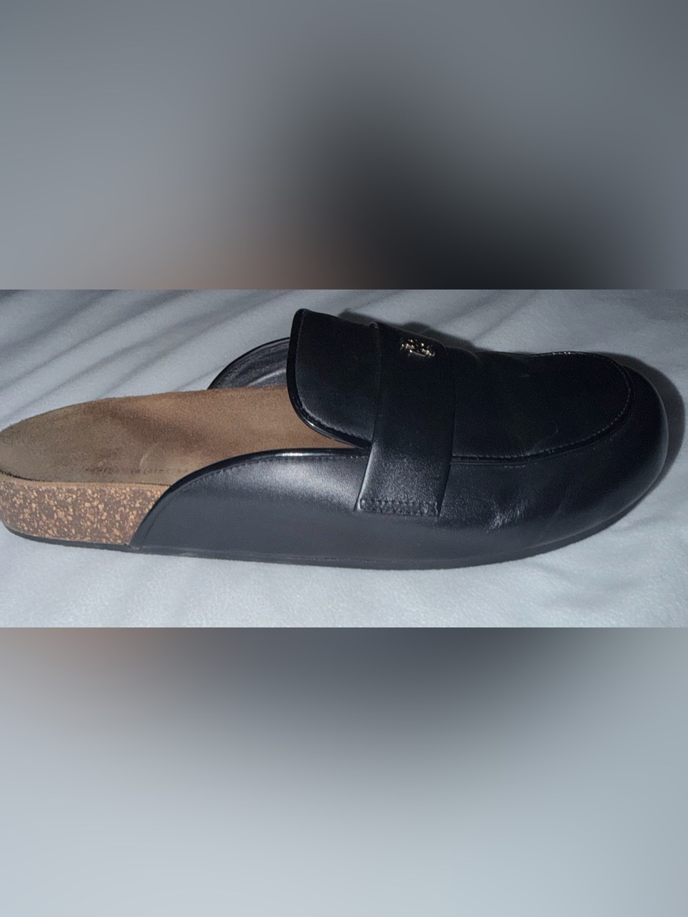 Tory Burch Everly Black Leather Cork Mules with Gold Logo - Picture 4 of 4